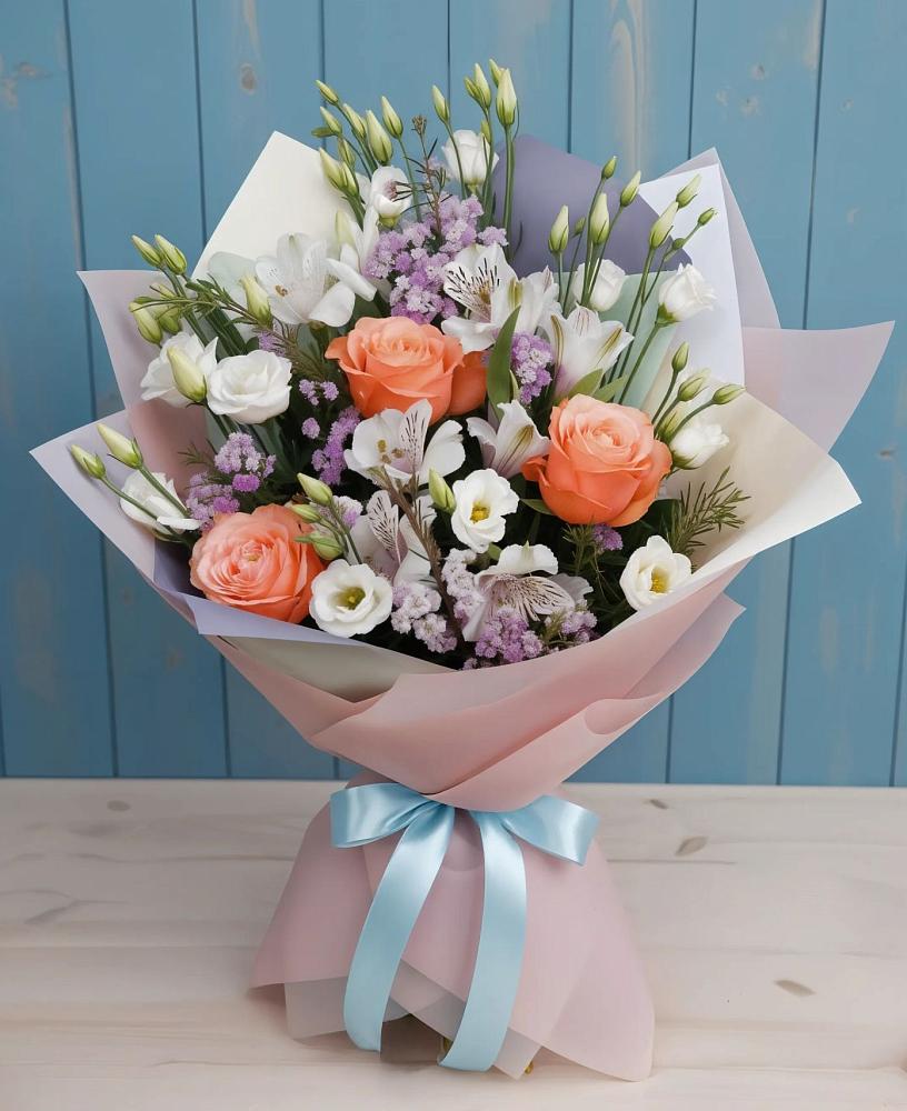 Букет цветов из: Лизиантусы, Розы, Альстромерии и Гипсофила в Парауле