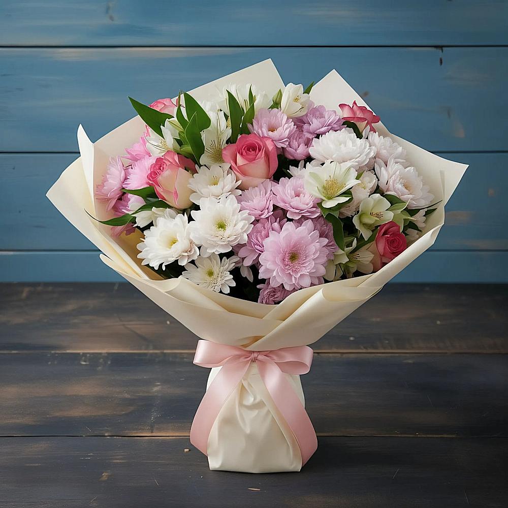 Букет цветов из: Хризантемы, Альстромерии и Розы в Парауле